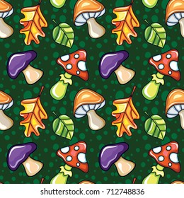 Autumn seamless pattern with Ð°manita, porcini mushrooms and oak leafs. Fall forest background. cartoon texture. Colorful and cute template for children prints, Halloween party. Vector design elements
