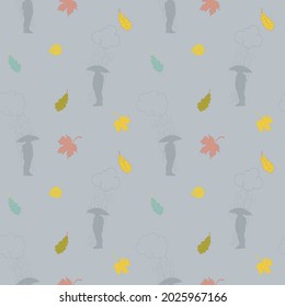 Autumn seamless pattern for printing on fabric and paper. Rain, a man under an umbrella and autumn bright falling leaves.