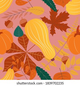 Autumn seamless pattern. Pumpkin, acorn, autumn leaves of maple, oak, birch, fern. Autumn concept. Vector flat illustration in modern style.