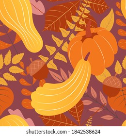 Patrón sin fisuras de otoño. Calabaza, bellota, hojas de otoño de arce, roble, abedul, helecho. Concepto de otoño. Ilustración plana vectorial de estilo moderno.