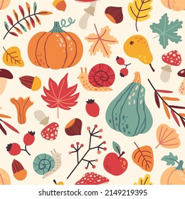 Autumn seamless pattern with pumpkin, acorn, fall leaf, nuts, fruits and mushrooms. Fall background design for paper or fabric vector print