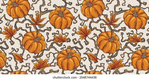 Autumn seamless pattern with pumpkin, branchs and orange foliage for happy halloween background or october design