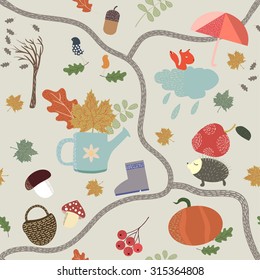 Autumn seamless pattern with pumpkin, cloud and mushroom. baby texture. Vector illustration