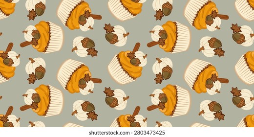 Autumn seamless pattern with pumpkin cupcakes, cinnamon, acorns and white squash on grey background. Cozy fall pattern featuring sweet muffins decorated with orange frosting, cinnamon sticks, star anise, acorns and small white pumpkins on a muted grey backdrop. Ideal for Thanksgiving.
