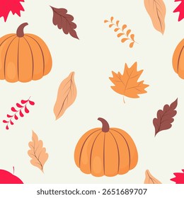 autumn seamless pattern with pumpkin and fall leaves