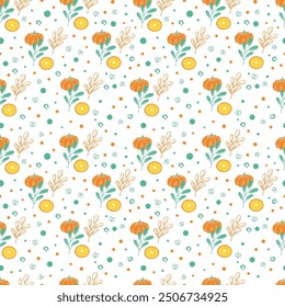 Autumn seamless pattern with pumpkin, green and orange leaves, round pice of orange. Dots pattern. Thanksgiving background. Vector