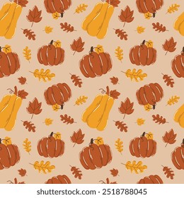 Autumn seamless pattern with pumpkin, leaf, cozy fall elements, cute hand drawn pattern