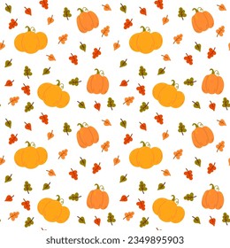 Autumn seamless pattern with pumpkin, leafs 