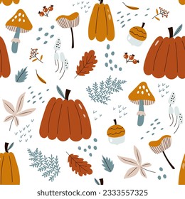 Autumn seamless pattern  with pumpkin, leaves, acorn, mushrooms.  Vector illustrations