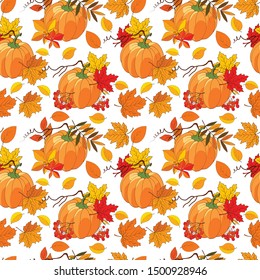 autumn seamless pattern with pumpkin, maple leaves and rowan