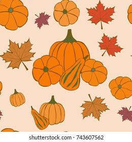 Autumn seamless pattern with pumpkin and maple leaves. Thanksgiving. Vector
