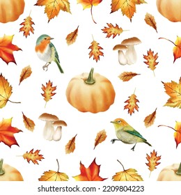 autumn seamless pattern with pumpkin and mushroom and bird and leaves watercolor