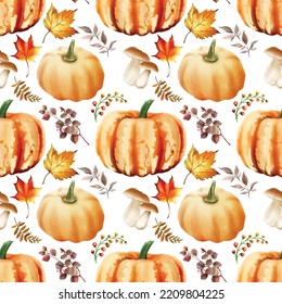 autumn seamless pattern with pumpkin and mushroom and bird and leaves watercolor