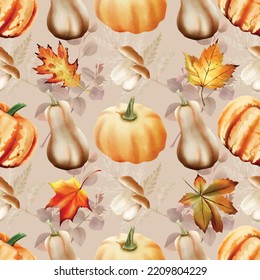 autumn seamless pattern with pumpkin and mushroom and bird and leaves watercolor