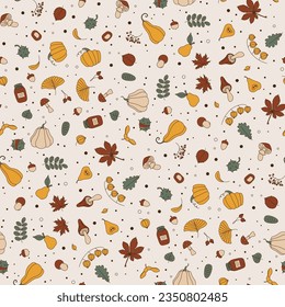 Autumn seamless pattern with pumpkin, mushroom, leaves, etc elements in doodle style. Simple Vector illustration