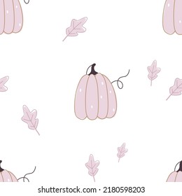 Autumn seamless pattern pumpkin, oak leaves on white background in scandinavian style for fabric, textile, wallpaper