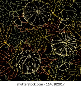 Autumn seamless pattern with pumpkin outlines on black background. Endless texture for your design.