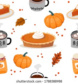 Autumn seamless pattern: pumpkin, pumpkin pie, autumn leaves and berries, cups of cocoa and coffee. Vector, white background.
