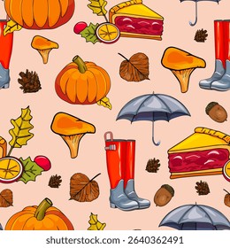 Autumn Seamless Pattern with Pumpkin Pie and Leaves. Cozy Fall Pattern with Mushrooms, Pie, and Umbrellas