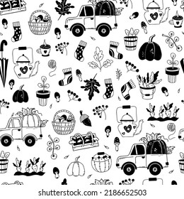 Autumn seamless pattern. Pumpkin truck, basket with mushrooms, vegetables and farm harvest, teapot and cup, socks and autumn leaves on white background in hand drawn doodle style. Vector illustration