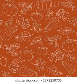 Autumn seamless pattern with pumpkins, acorns and leaves. Vector illustration for modern design of fabric, wallpaper, wrapping, textile.