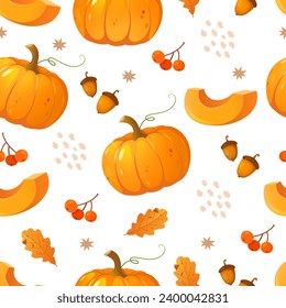 Autumn seamless pattern with pumpkins, acorns, berries, and yellow leaves