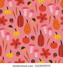 Autumn seamless pattern with pumpkins, acorns, mushrooms, leaves on pink background. Perfect for wallpaper, gift paper, Thanksgiving Day greeting cards. Vector illustration