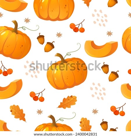 Autumn seamless pattern with pumpkins, acorns, berries, and yellow leaves