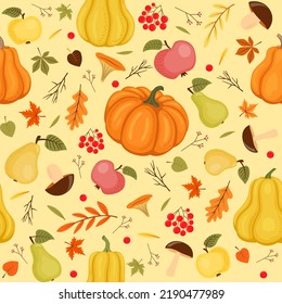 
Autumn seamless pattern with pumpkins, apples, pears, mushrooms, leaves and berries on a light background. Vector illustration in flat style.