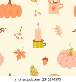 Autumn seamless pattern with with pumpkins, berries and leaves. Vector illustration
