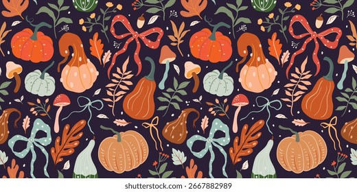 Autumn seamless pattern with pumpkins and bows, coquette seasonal wallpaper