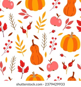 Autumn seamless pattern with pumpkins and falling leaves. Decorative vector background.