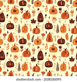 Autumn seamless pattern with pumpkins and floral elements.