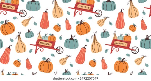 Autumn seamless pattern with pumpkins, harvest cart. Fall season and harvest festival vector illustration in flat design. 
