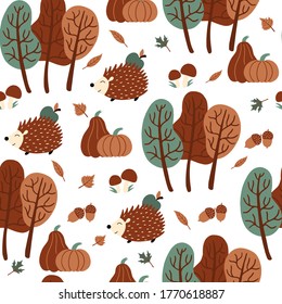 Autumn seamless pattern with pumpkins, hedgehog, mushrooms, acorns, autumn leaves and trees. Vector illustration with fall season elements. 