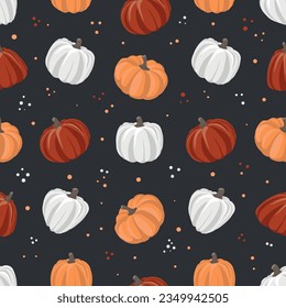 Patrón ininterrumpido de otoño con calabazas aisladas en el fondo oscuro. Ilustración del vector