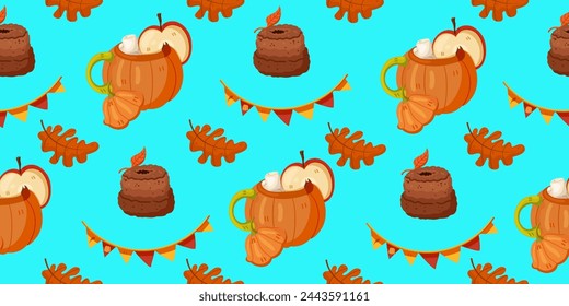 Autumn seamless pattern. Pumpkins and autumn items. Cozy warm background. Perfect for printing, textiles, wrapping paper. Vector illustrations