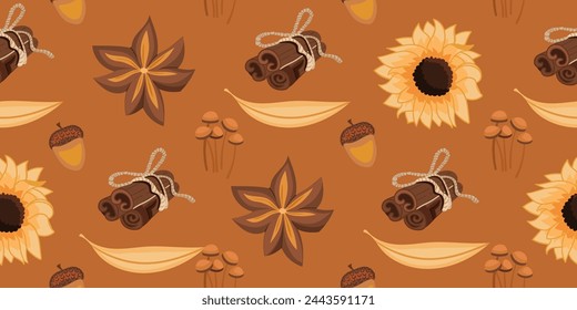 Autumn seamless pattern. Pumpkins and autumn items. Cozy warm background. Perfect for printing, textiles, wrapping paper. Vector illustrations