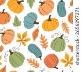 Autumn seamless pattern of pumpkins and leafs,for wrappers, backgrounds and covers.
