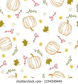 Autumn seamless pattern. Pumpkins and leaves on white background. Vector backdrop. Wrapping paper.
