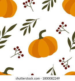 Autumn seamless pattern with pumpkins, leaves and berries. Fall illustration in flat style for wrapping, textile, scrapbooking, cards, posters and other fall design. 