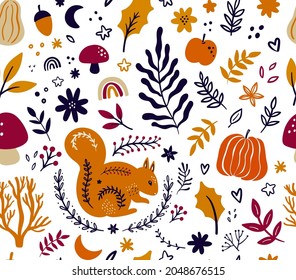 Autumn seamless pattern with pumpkins, leaves, animals and halloween symbols	