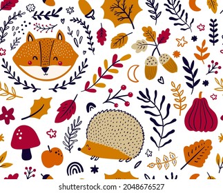 Autumn seamless pattern with pumpkins, leaves, animals and halloween symbols	
