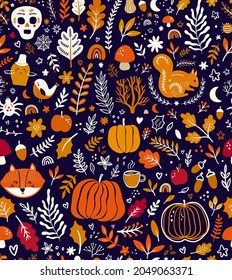 Autumn seamless pattern with pumpkins, leaves, animals and halloween symbols
