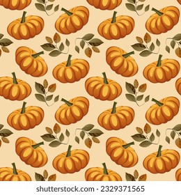 Autumn seamless pattern with pumpkins and leaves. Home decor, Textile design, Wrapping paper, Stationery, Scrapbooking, Digital wallpapers, Website backgrounds. Vector illustration.