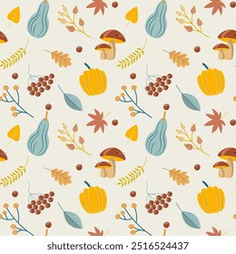 Autumn seamless pattern with pumpkins, leaves and mushrooms	
