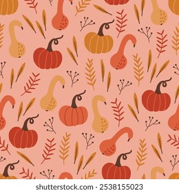 Autumn seamless pattern with pumpkins, leaves, berries on pink background. Perfect for seasonal greetings, wallpaper, wrapping paper, fabric. Vector illustration