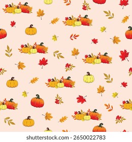 autumn seamless pattern with pumpkins, autumn leaves and berries