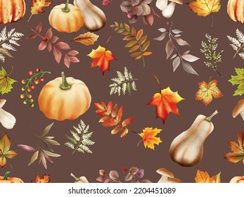 autumn seamless pattern with pumpkins and mushroom and leaves watercolor