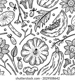 Autumn seamless pattern with pumpkins, mushrooms, fall leaves and sunflowers. Vector fall background. Floral and vegetable line art illustration 